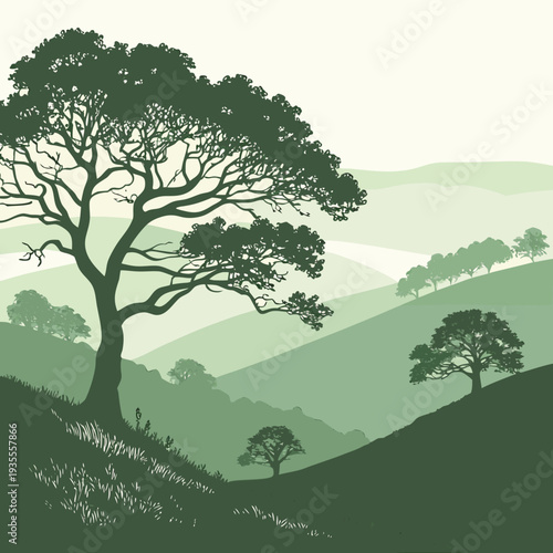 Green hillside with trees in