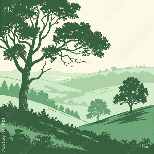 Green hillside with trees and rolling hills landscape