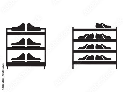 Two shoe racks with multiple pairs of shoes on shelves for storage and organization in a closet or entryway  shoe racks with shoes on them