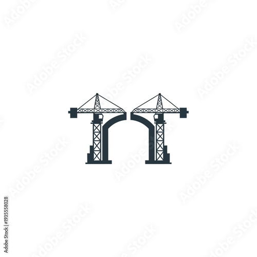 Creative Bridge Logo Formed by Two Construction Cranes on Isolated White Background