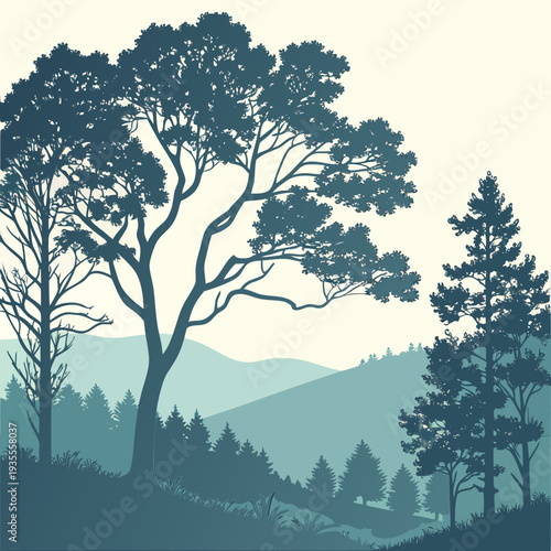 Teal silhouette of trees on forest highlands mountains
