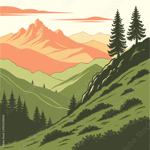 Landscape of green mountains with trees and orange peak