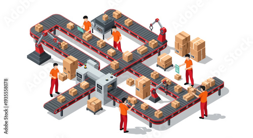 Isometric illustration of workers on a conveyor belt system handling cardboard boxes in a warehouse