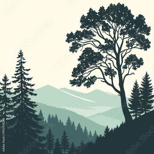 Serene mountain landscape with dense trees nature scenery