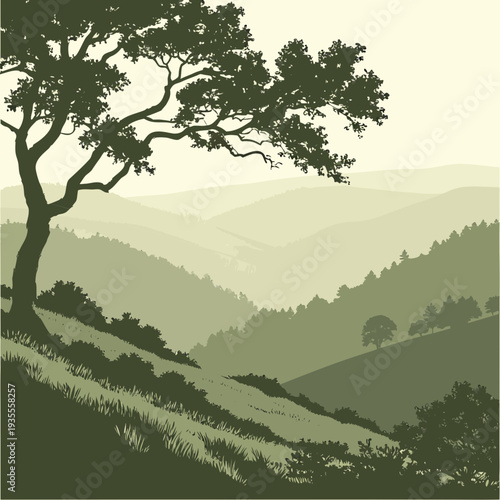 Green hillside with tree and grassy slope landscape