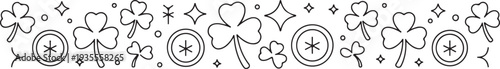 Black and white line drawing of shamrocks and coins with sparkles for St Patricks Day decoration or luck symbol