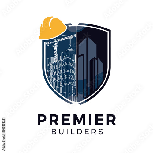 Premier Builders Construction Company Logo with Building Under Construction and Hard Hat in Shield on Isolated White Background