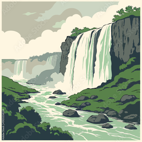 Waterfall with mist cloud formation and rocky cliffside