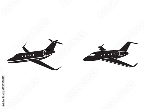 Two small private jets flying in different directions  isolated on white background