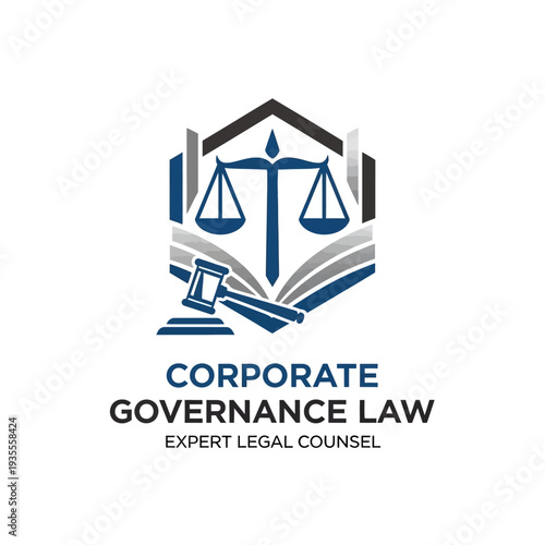 Corporate Governance Law Firm Logo with Scales of Justice and Book on Isolated White Background