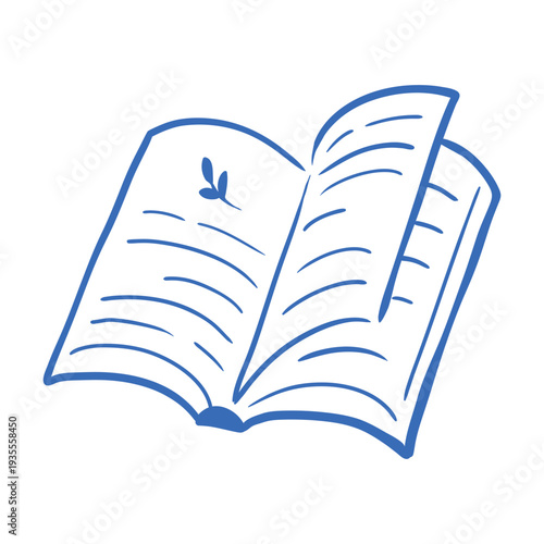 Simple open book with pages in outline style. Hand drawn vector illustration. 