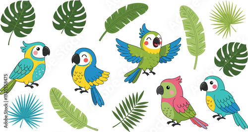 Cute Tropical Parrot Cartoon Collection with Colorful Macaw Birds and Jungle Leaves Vector Illustration Set