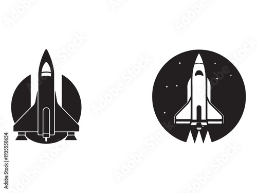 Two space shuttle icons with circular backgrounds one against a solid black circle and the other against a black circle with stars