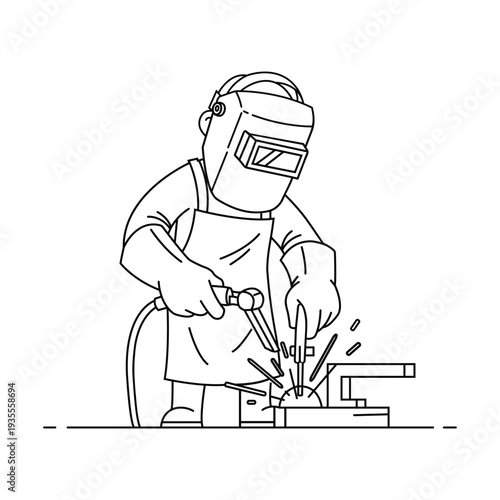 Professional Welder in Protective Gear Working with Welding Torch Line Art Illustration