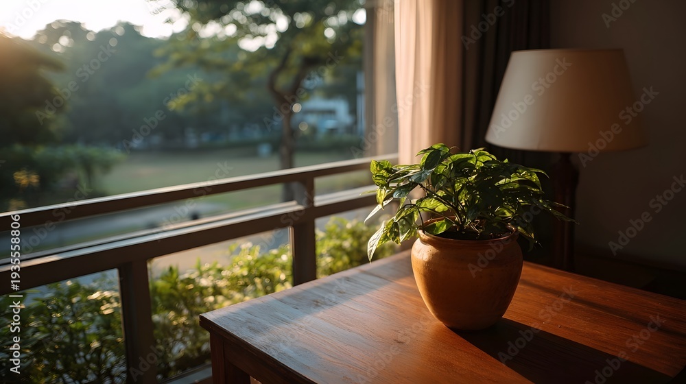 Fototapeta premium Serene balcony scene with a potted plant bathed in warm morning sunlight overlooking a lush green landscape