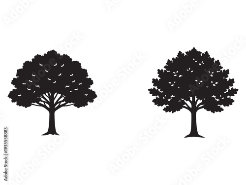 Two tree silhouettes with birds flying around on white background