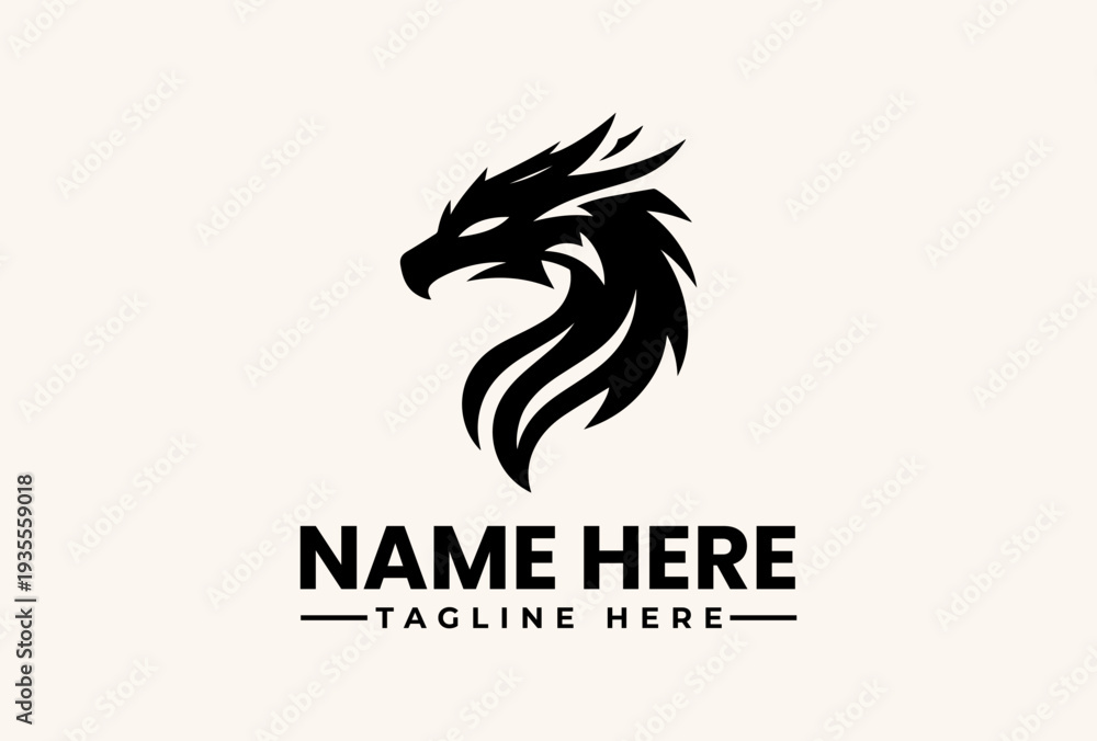 Obraz premium A black logo featuring a stylized dragon head with flowing mane and placeholder text on a beige background.