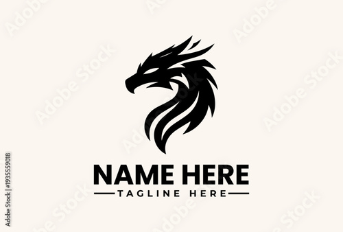 A black logo featuring a stylized dragon head with flowing mane and placeholder text on a beige background.