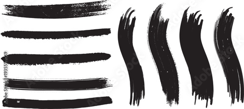 A versatile collection of various black brush strokes and ink swashes, isolated on a clean white background. This graphic features a range of styles, from solid, textured horizontal lines with gritty 