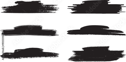 This versatile collection presents six distinct, hand-painted black brush strokes on a clean white background. Each stroke features unique textures, ranging from dense, solid fills to gritty and granu