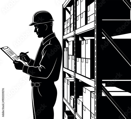 Warehouse Manager Silhouette checking Inventory on Clipboard in Storage Room. Industrial Logistics Supervisor, Supply Chain Inspector, Stockroom Worker Illustration.