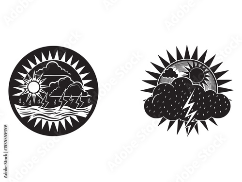 Weather icons showing sunny and rainy conditions with clouds and lightning  weather forecast symbols