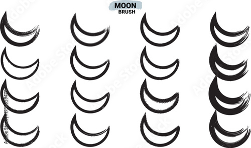 This versatile collection features 16 unique hand-drawn crescent moon shapes, each rendered with a distinct brushstroke effect. The elements showcase a variety of textures and fills, ranging from deli
