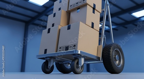 Warehouse Cart with Cardboard Boxes in Industrial Storage Area