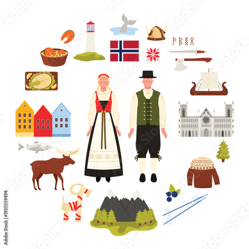 Norway culture elements and nature landscape, tourist attractions and food, Norwegian couple in traditional dress in round infographic poster. Nordic landmarks for tourism cartoon vector illustration