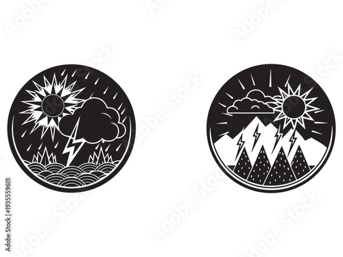 Weather icons with sun cloud lightning and rain on white background