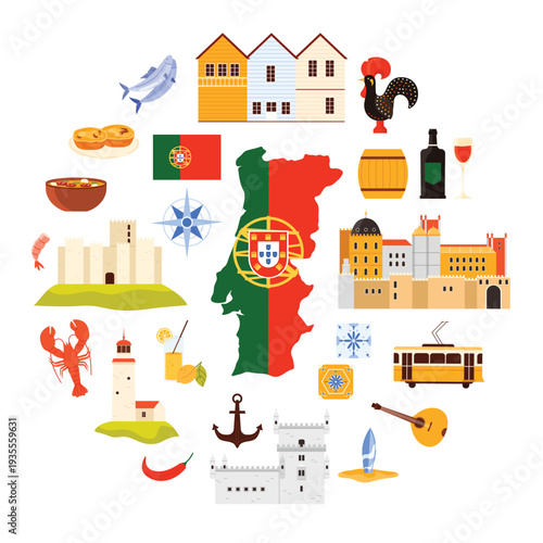 Portuguese egg custard and tram, Pena Palace and tile, rooster and guitar in circle cartoon vector illustration. Travel to Portugal, culture object and famous food, architecture in round banner design