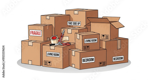 Stack of Cardboard Boxes with Labels.