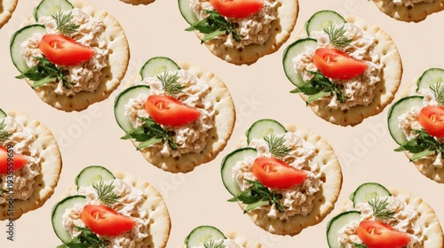 Savory appetizer bites featuring creamy salad spread on crisp circular baked goods repeat across a light background.
