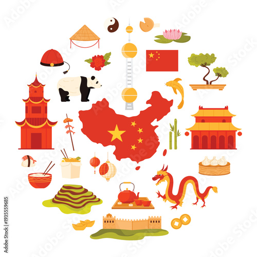 Ancient temple and dragon, panda and tea ceremony in circle cartoon vector illustration. Chinese culture elements and famous architecture, food and animals of China, round infographic banner design