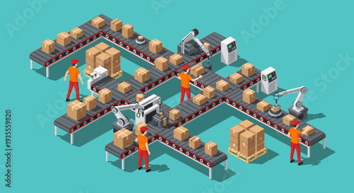 Isometric illustration of workers operating a conveyor belt system with cardboard boxes and industrial machinery in a teal background.