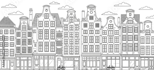 European Old Town Street Houses Line Art Illustration with Historic Buildings and Shops Urban Architecture Vector
