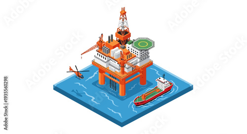 Isometric illustration of an offshore oil rig with a cargo ship on blue water