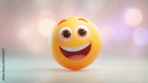 A cheerful, 3D-rendered yellow emoticon with a wide, joyful grin and sparkling eyes against a soft, bokeh background
