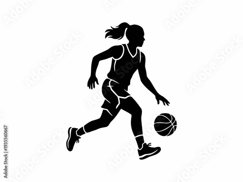 Female Basketball Player Dribbling Silhouette Isolated on White Background