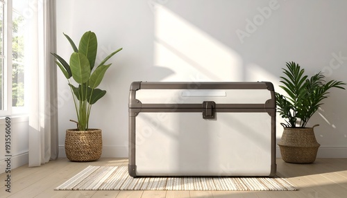 A bright room with a storage chest between plants, natural light streams in
