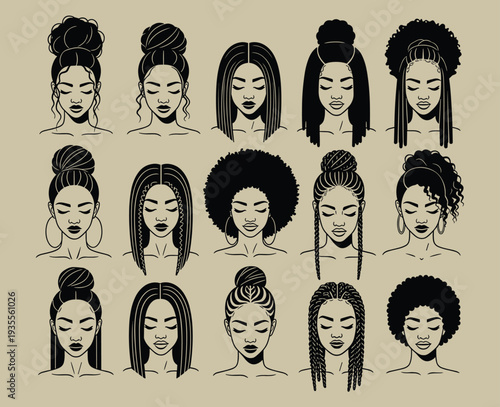 african women hairstyles, black women beauty, afro hair styles, braids, buns, natural hair, female faces, diversity, vector illustration, silhouette