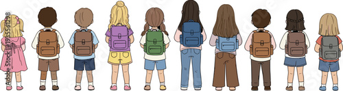 Back view of a group of diverse children with backpacks standing in a row, school students vector illustration