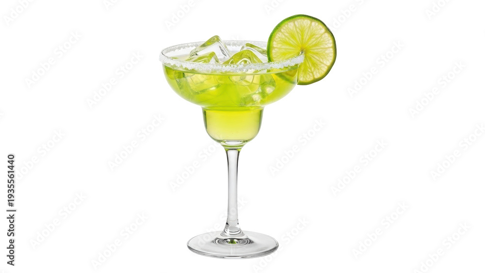 Obraz premium Isolated margarita cocktail in glass rimmed with salt and lime wheel garnish on rim