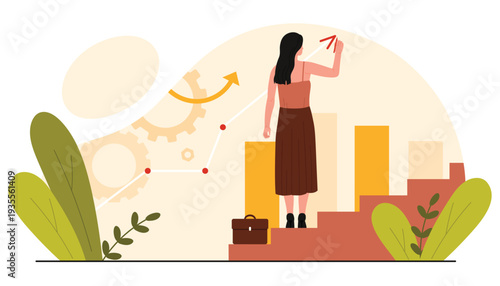 Business career growth, self management and planning, leadership. Tiny woman drawing arrow upwards with pencil, manager standing on ladder upstairs to professional success cartoon vector illustration