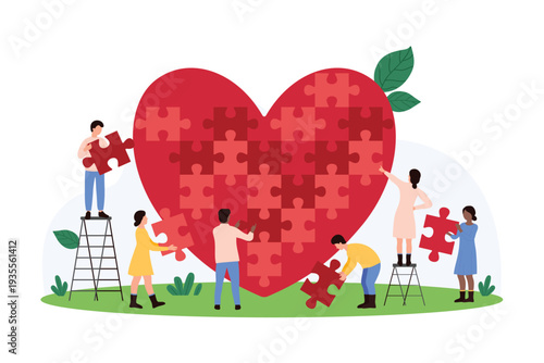 Charity project of volunteers, non profit organization, generosity and sponsorship. Tiny people share love gifts and support, connect puzzle pieces into heart shape cartoon vector illustration