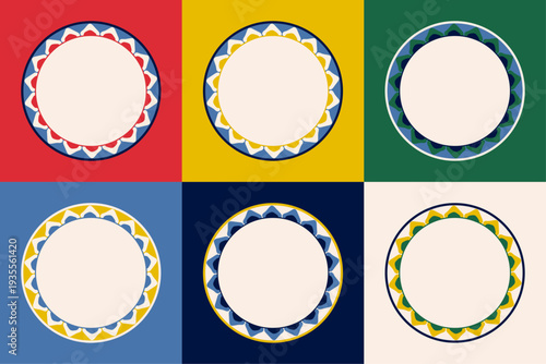 Vector Set of ceramic plates with ethnic ornaments for restaurant menu and modern kitchen interior design. Flat illustration