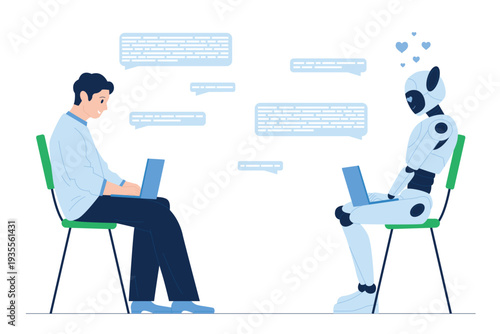 Online interaction between robot and human in chat. Man customer and bot typing messages at laptops, interactive conversation of user with automated virtual assistant cartoon vector illustration