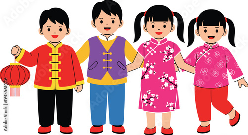 Four cute Chinese children in traditional outfits celebrating Lunar New Year, flat cartoon vector illustration