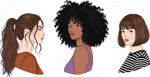 Women hairstyles portrait set, diverse female haircuts collection, fashion beauty avatars, modern girl characters vector illustration