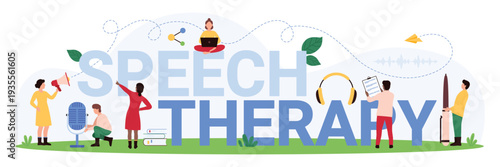 Awareness of pathology of development, pronunciation and speaking, treatment by pathologists. Speech therapy banner design with tiny people, headphones, microphone cartoon vector illustration